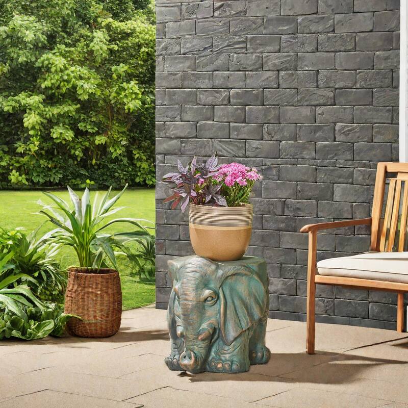 Roomfitters Elephant Garden Stool, Weather-Resistant Lightweight Concrete Decorative Accent Table, Bronze