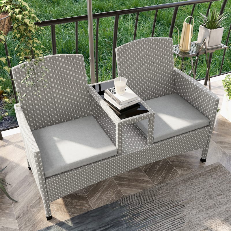 Lulu French Wicker Patio Loveseat with Built-in Glass End Table by Furniture of America