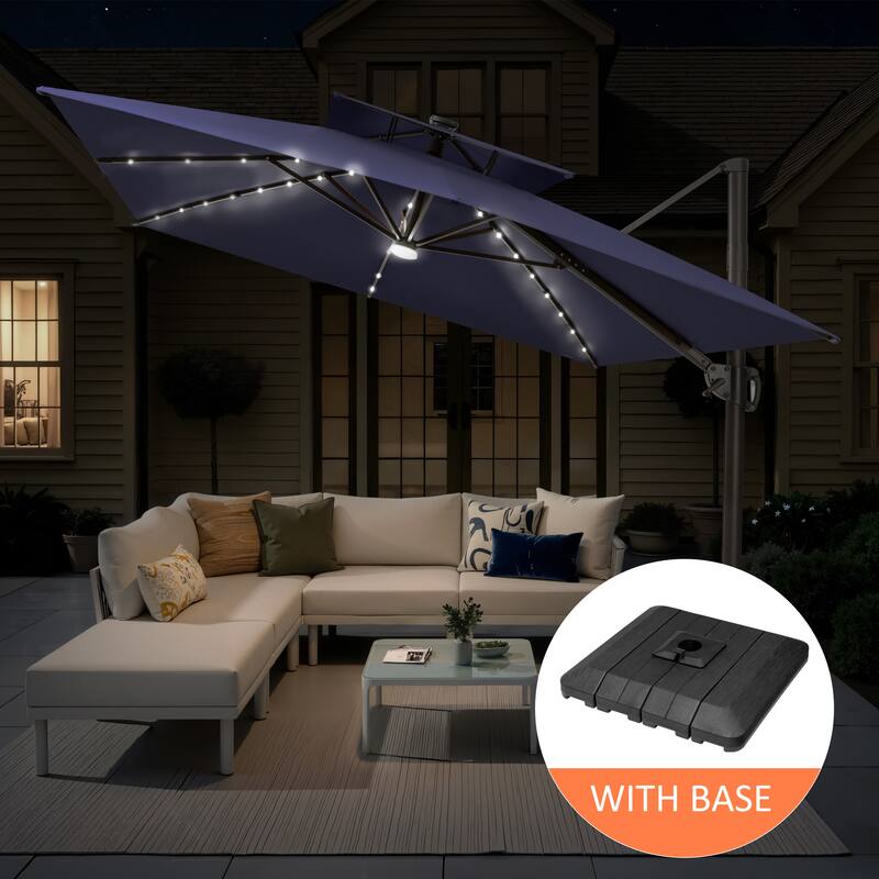 12 x 9 FT Outdoor Patio Aluminum Cantilever Umbrella with Solar Lights Double Canopy with Base - NavyBlue
