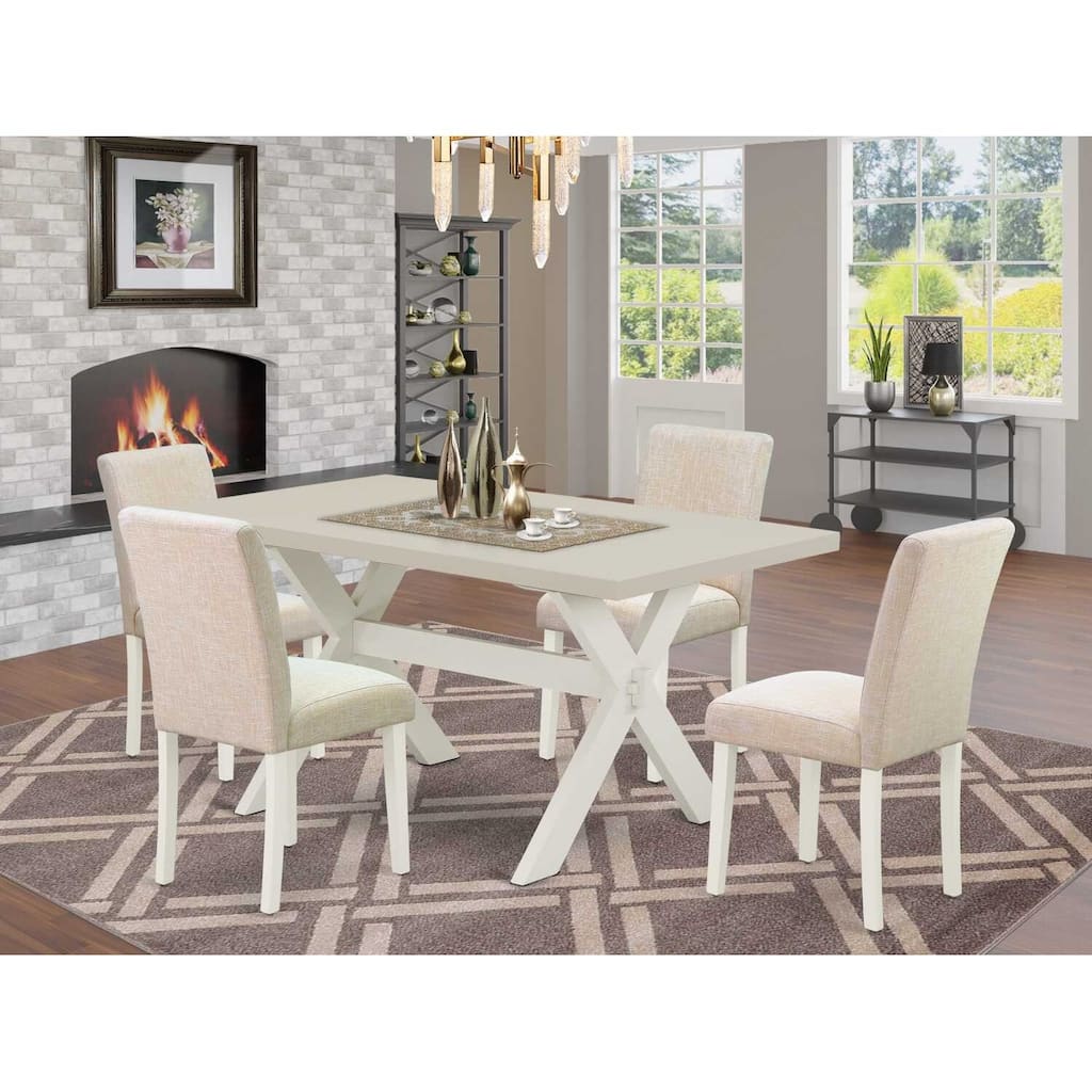 HomeStock 5-Piece Rectangle Natural Oak Finish Solid Wood Top Dining Table with 4 Upholstered-Chairs with Lattice Back