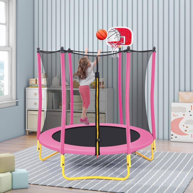 5.5FT Trampoline for Kids - 65" Outdoor & Indoor Mini Toddler Trampoline with Enclosure, Basketball Hoop and Ball Included - Black
