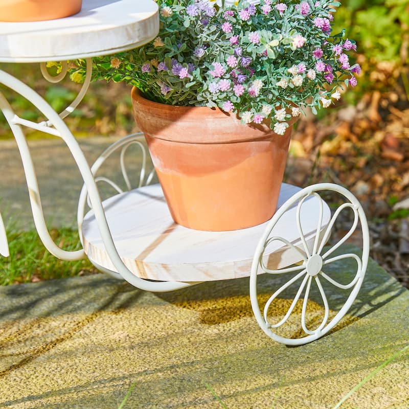 Glitzhome 24"L Spring Metal Tricycle Planter Stands Flower Pot Cart with Wood Trays