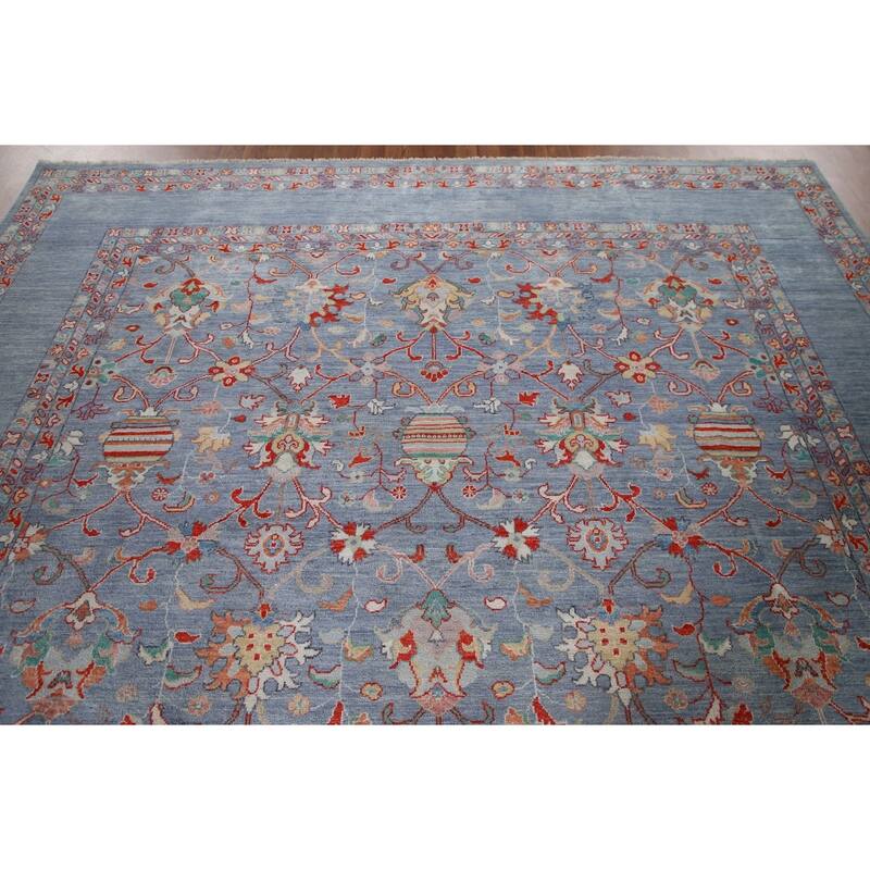 Hand Knotted Oriental 100% Wool Carpet Modern All-Over Navy Blue & Blues Art & Craft Area Rug - 12' 2'' X 8' 9''