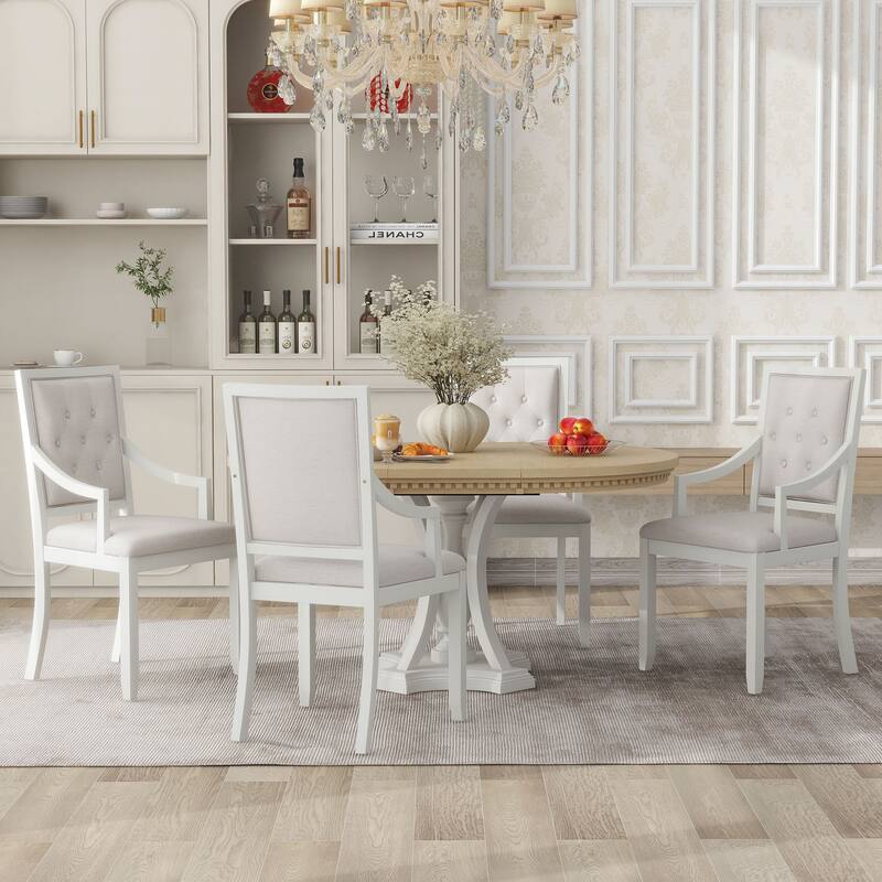 5-Piece Dining Set Extendable Round Dining Table and 4 Upholstered Back Chairs for Kitchen Dining Room