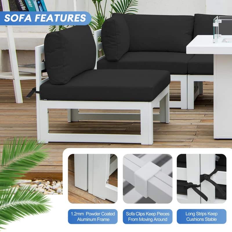 FINCATI 7 Piece Aluminum Outdoor Furniture Set with Propane/Natural Gas Fire Pit Table, 29" Wide Outdoor Sectional Sofa for 6
