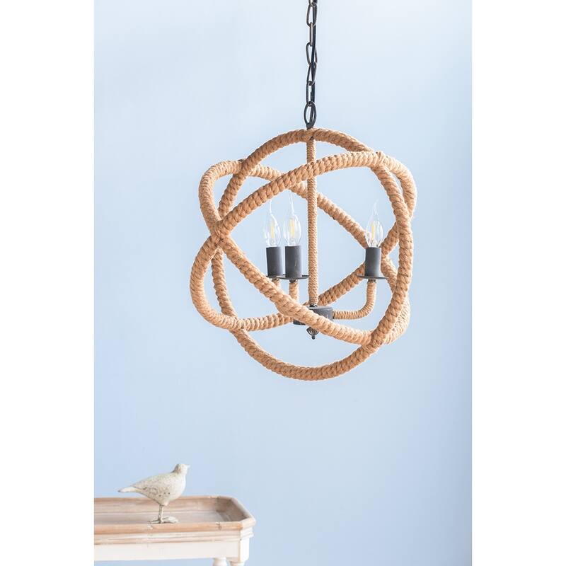 Globe Hanging Light Fixture with with Adjustable Chain for Kitchen Dining Room, Rope Chandelier 3-Light Pendant Light Fixture