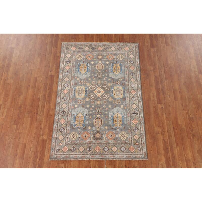 Traditional Kazak Oriental Area Rug Hand-Knotted Grey Wool Carpet - 4'1" x 6'2"