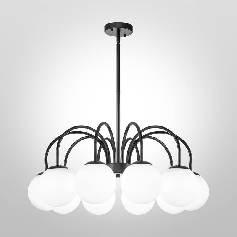 6/ 10-light Mid-Century Modern Black/ Brasss Round Sputnik Glass Globe Bubble Chandelier with Frosted Opal Glass Globe