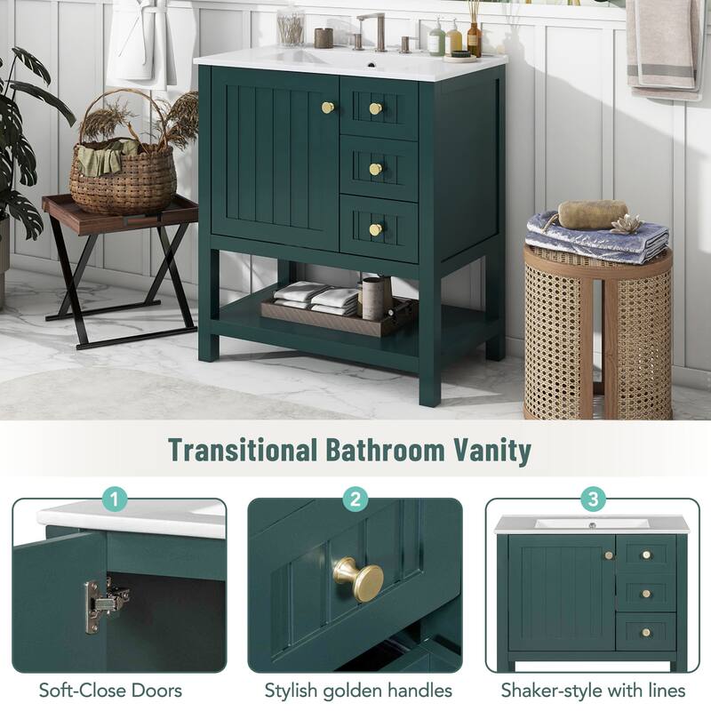 30" Transitional Bathroom Vanity with Ceramic Sink, Soft Close Doors, Storage Cabinet & Drawers