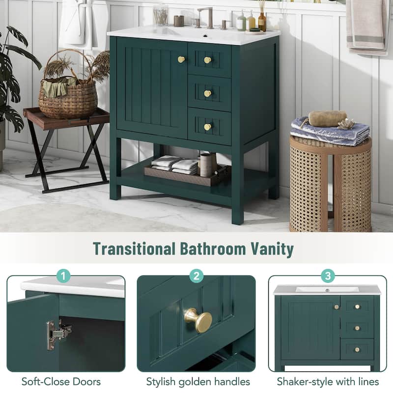 Modern 30-Inch Bathroom Vanity Combo with Freestanding Cabinet, White Ceramic Sink, and Ample Storage Space