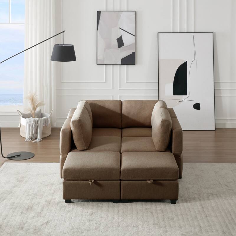 Modern Modular 6 Seat Upholstered Sectional Sofa with Storage, Adjustable Arm, Brown