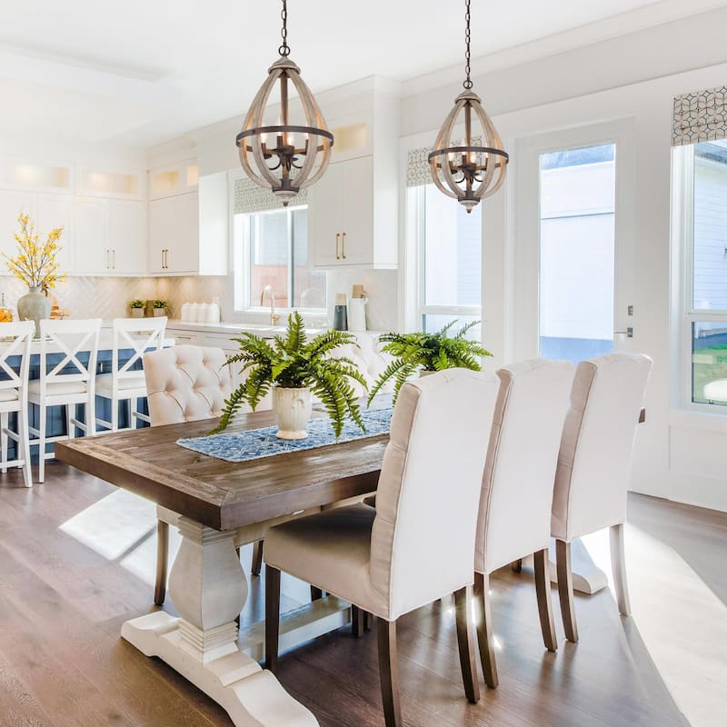 Clovy Farmhouse 4-Light Wood Lantern Chandelier for Kitchen Island Foyer Staircase