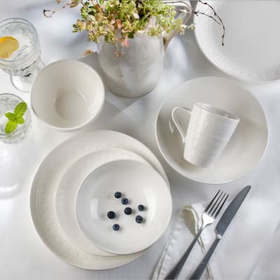 Euro Ceramica Fez 20 Piece White Wine & Dine Set (Dinnerware + Clear Goblet Glasses)