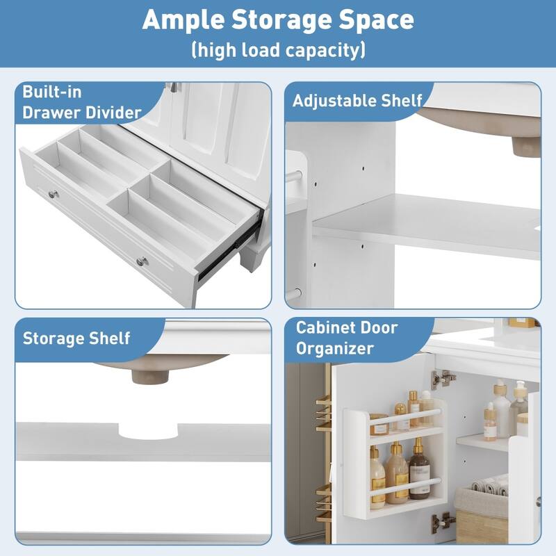 30" Wooden Bathroom Ceramic Sink Cabinet with Shelf, Drawer with Divider