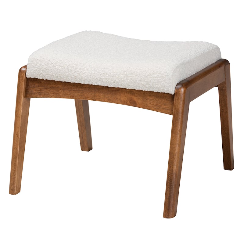 Roxy Mid-Century Modern Off-White Boucle Upholstered and Walnut Brown Finished Wood Ottoman Footstool - Off-White, Walnut Brown