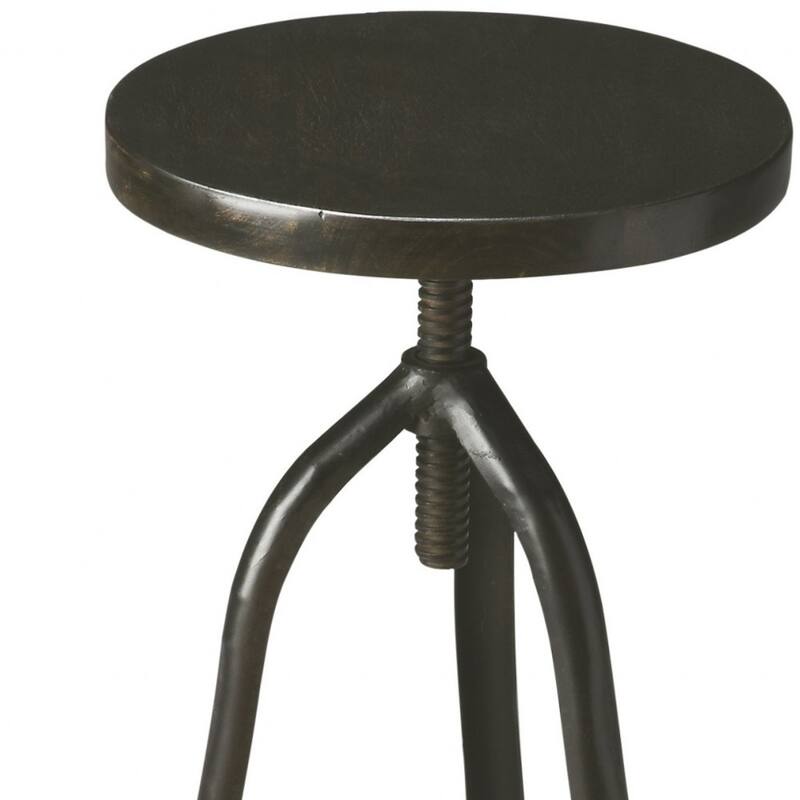 Black Iron Adjustable Height Bar Stool with Round Solid Wood Seat Tripod Legs - 14.5” x 15” x 26” (D x W x H)