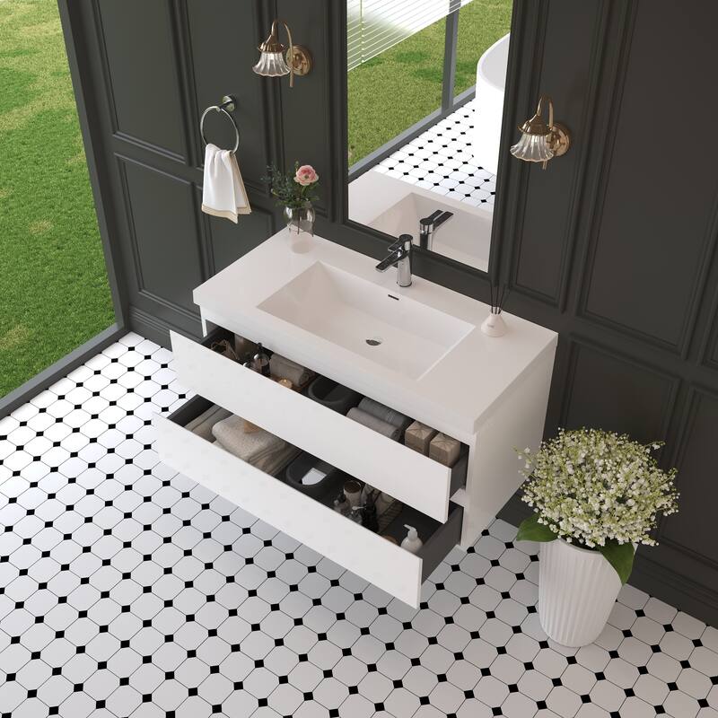 Modern Wall-Mounted Bathroom Vanity with White Solid Surface Top