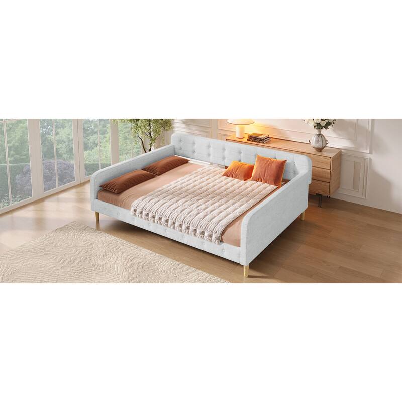 Roomfitters Queen Size Upholstered Daybed, Mid-Century Modern Sofa Bed Frame with Backrest and Tapered Wood Legs