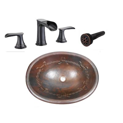 Hammered 19" Oval Copper Bathroom Sink with Barbed Wire Design, Drain & Faucet Included - 19" x 14" x 5"
