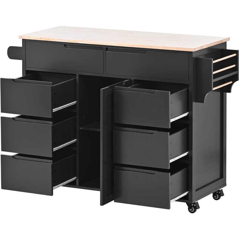 Kitchen Island on Wheels w/ 8 Handle-Free Drawers & Flatware Organizer