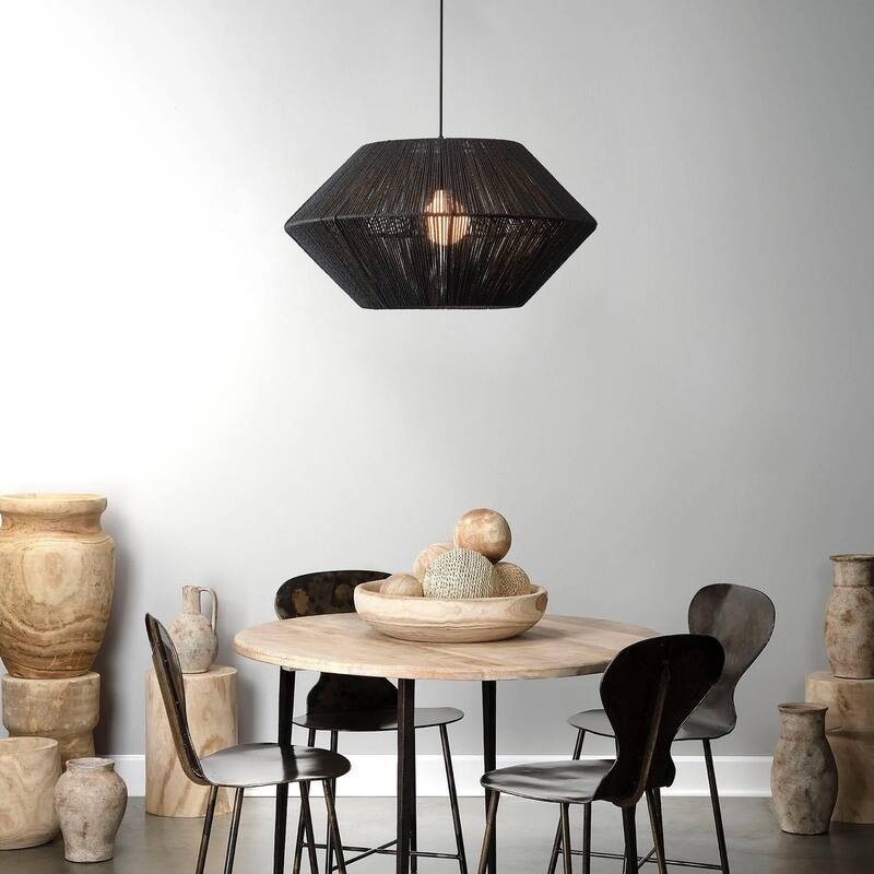 Modern Matte Black Paper Rope Craft Pendant Light Hand-Woven Cage Shade Hanging Lamp