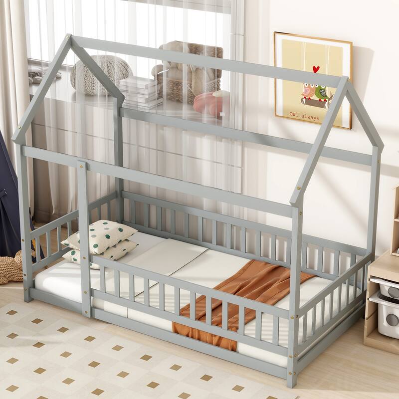 Twin Floor Bed with House Roof Frame, Safety Guardrails, and Fence Design