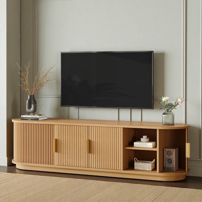 66.9'' Farmhouse TV Stand for 75'' TV, Wooden Media Console with Sliding Tambour Doors & Adjustable Shelves