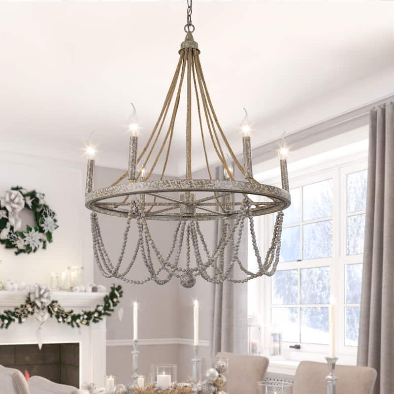 Farmhouse 6-Light Empire Wagon Wheel Chandelier Boho Wood Beaded Light for Dining Room - L25.5"xW25.5"xH37"