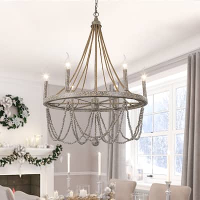 Farmhouse 6-Light Empire Wagon Wheel Chandelier Boho Wood Beaded Light for Dining Room - L25.5"xW25.5"xH37"