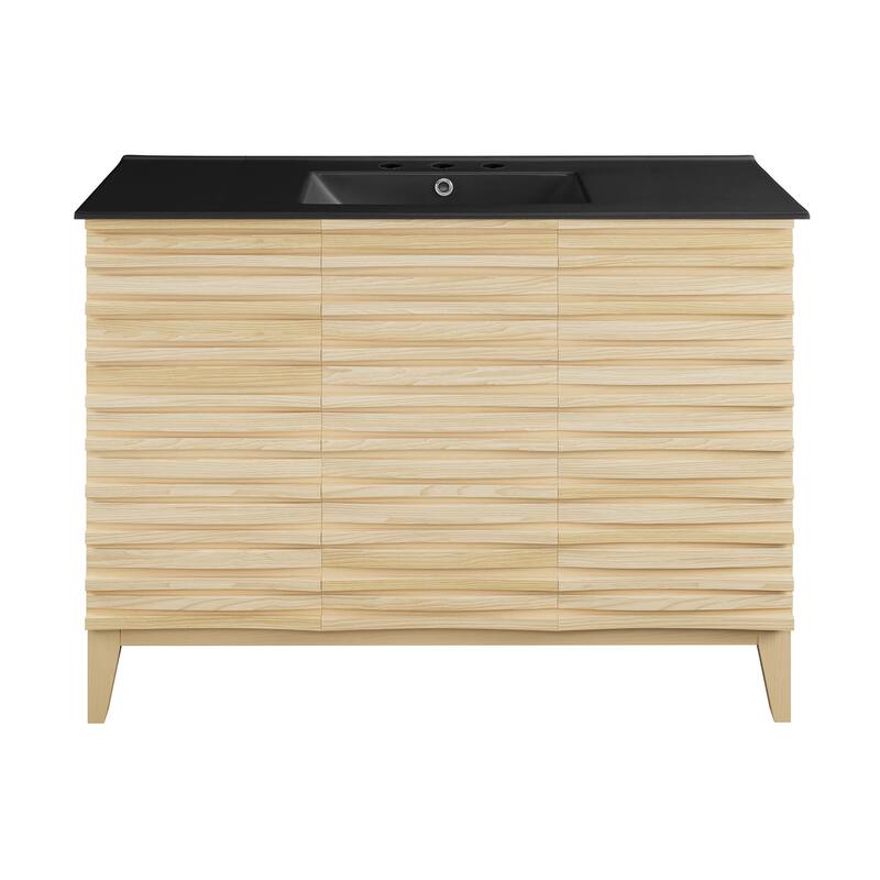 Cascade 48 In. Natural Oak Bathroom Vanity With Black, 3-Hole Ceramic Sink Top