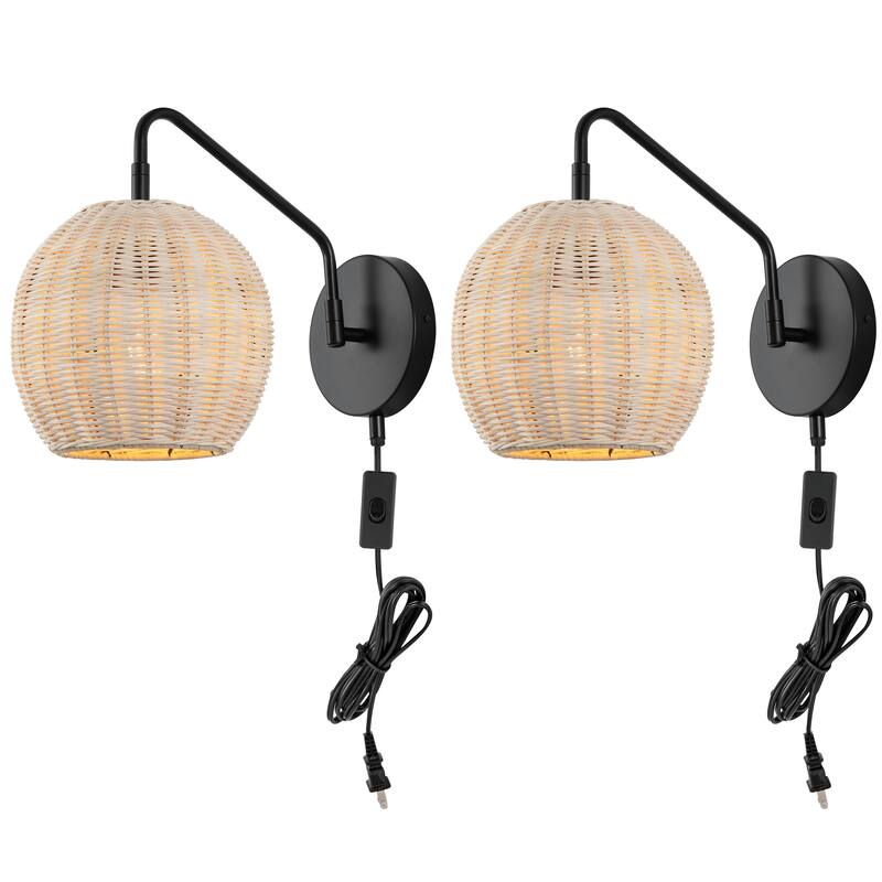 SAFAVIEH Lighting Grigory Wall Sconce (Set of 2) - Black/Natural Rattan - 9"W x 15"D x 12"H