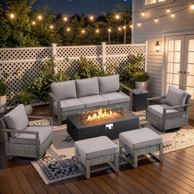 Pocassy 43 In Fire Pit w/ Outdoor Sofa Swivel Chair Ottoman Set - Gray Wicker Gray Cushion - 6PCS Fire Table w/ 4-In Sofa Swivel Chair Ottoman