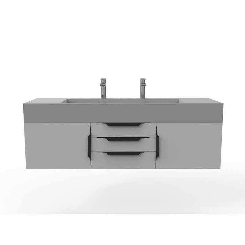 Nile 60" Wall Mounted Bathroom Vanity Set with Gray Solid Surface Top - Grey - Matte