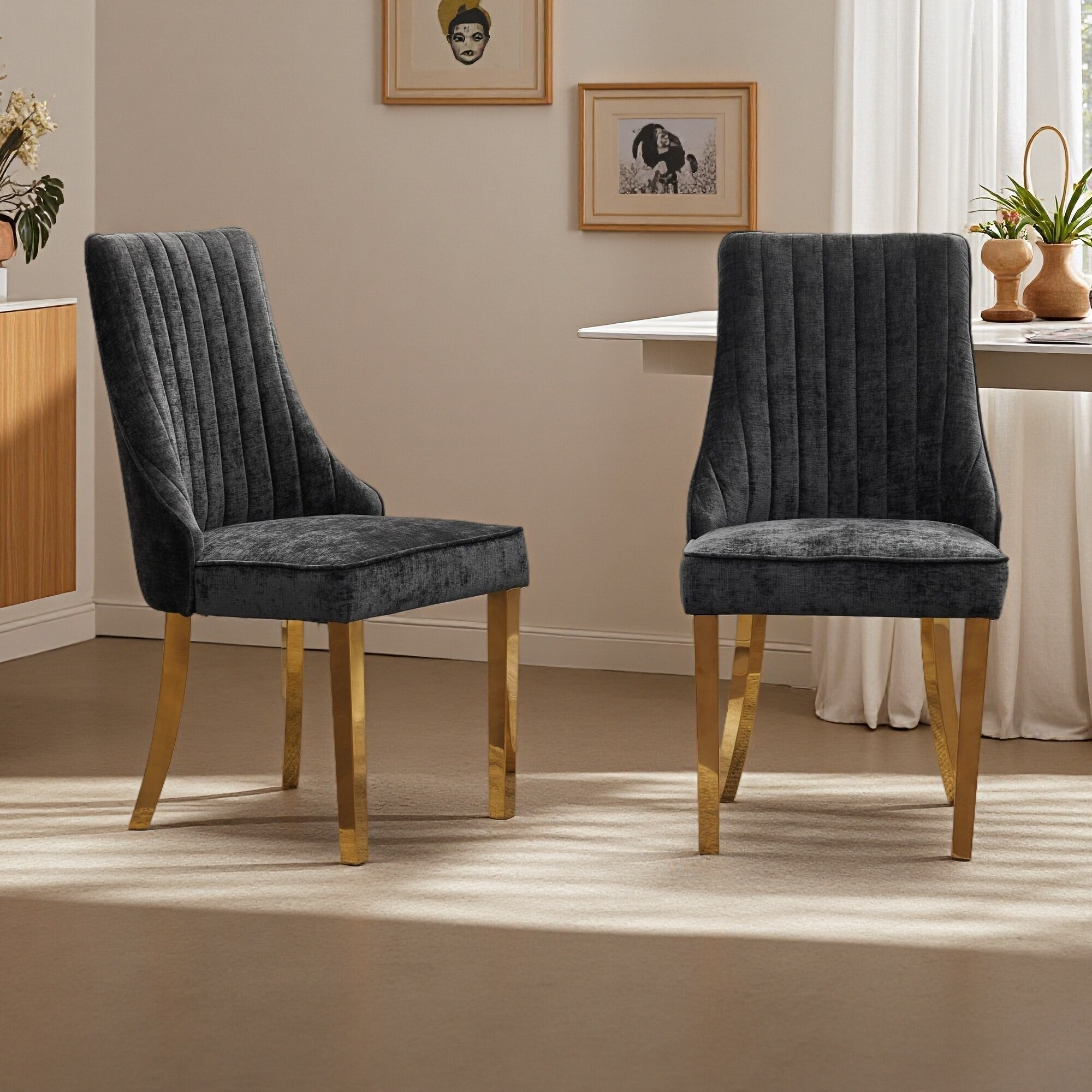 37.5"H Set of 2 Chenille Flocking Upholstered Dining Chairs with Stainless Steel Legs - Triple Elastic Cushion Structure