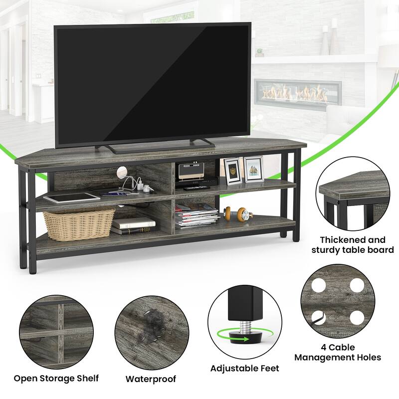 Farmhouse Wood Corner TV Stand with Power Outlet, Space Saving Entertainment Center Media TV Console Table