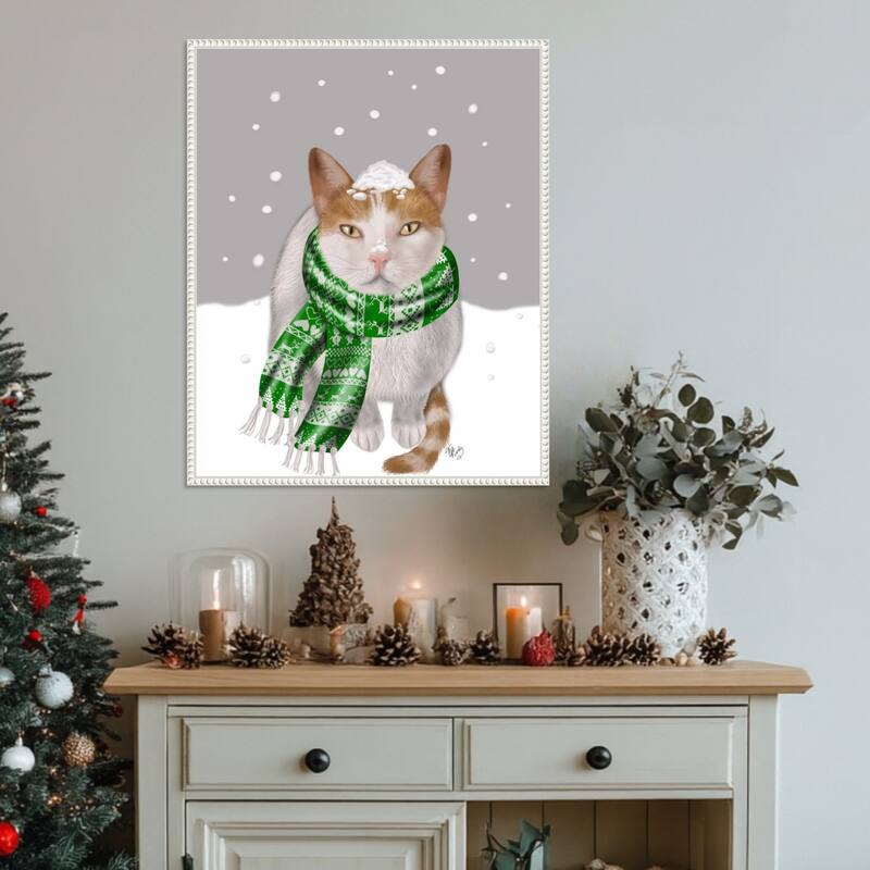 White Cat Green Scarf by Fab Funky (23 x 28 in.), Framed Canvas Wall Art Print - Sylvie Beaded White