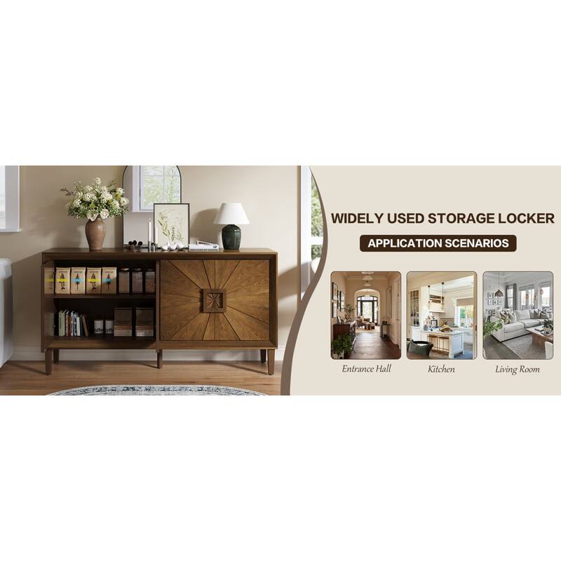 Roomfitters 60" Premium Farmhouse Credenza, Symmetrical Sunburst Door Design TV Stand with Adjustable Shelves, Antique Brown