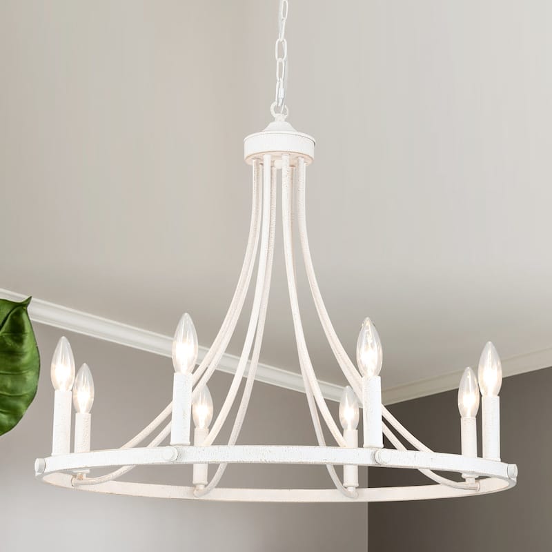 8-Light 25.59 in. Rustic Wagon Wheel Chandelier for Kitchen Living Room - Retro White