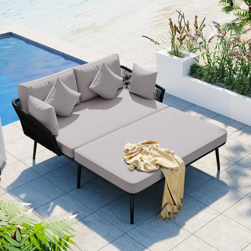 Outdoor Patio Daybed, Woven Nylon Rope Backrest with Washable Cushions for Balcony