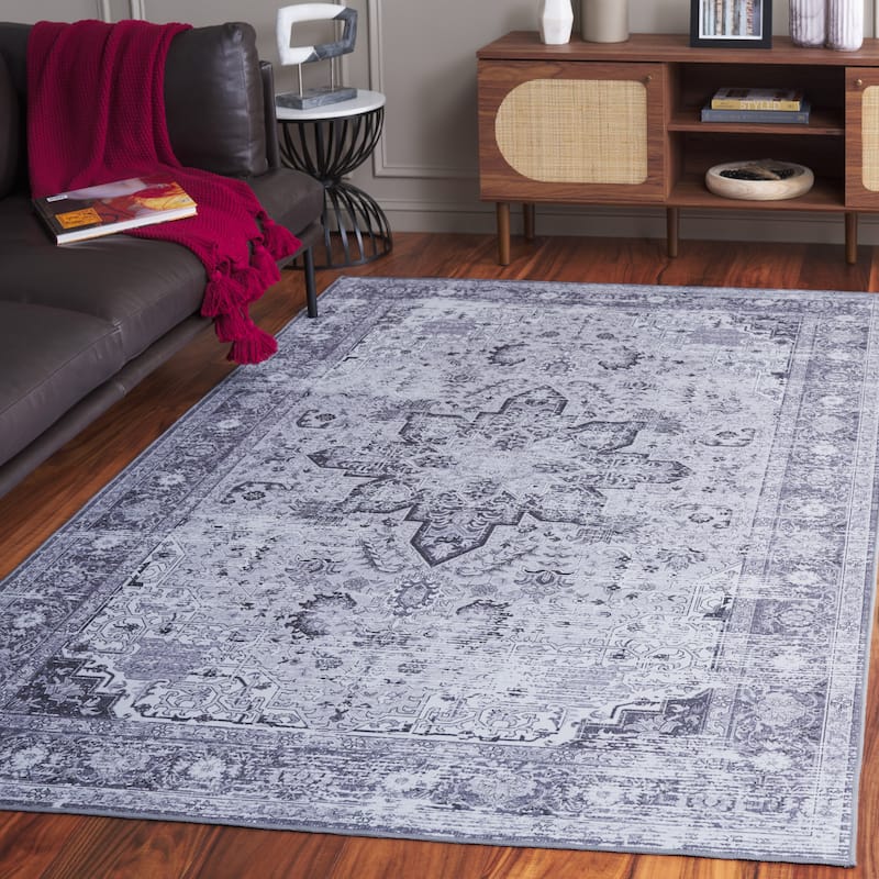 SAFAVIEH Tucson Machine Washable Slip Resistant Iris Oriental Medallion - 6' x 6' Square - Dark Grey/Grey - Square