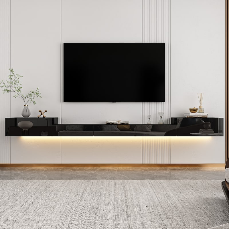 Floating TV Unit,Wall Mounted TV Cabinet Modern High Gloss With Light - 110.2"