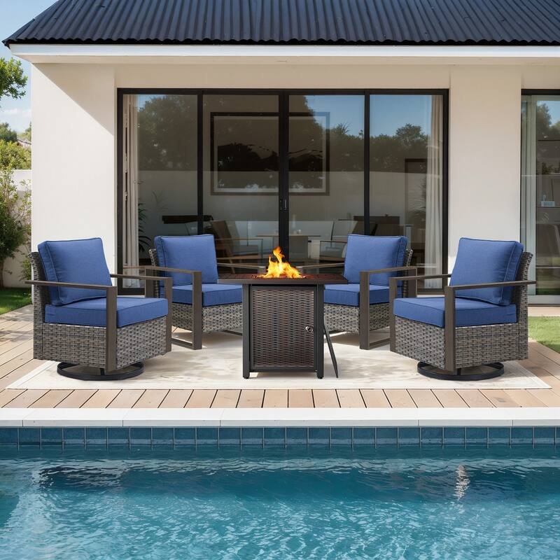 Meyreso 5-Piece Wicker Patio Conversation Set with Metal Fire Pit & Plush 4.5" Olefin Cushions