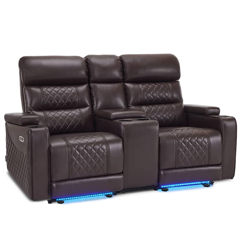 MCombo Power Reclining Loveseat Sofa with Adjustable Headrests and Console, Home Theater Seating with Armrest Storage HTS480 - Brown