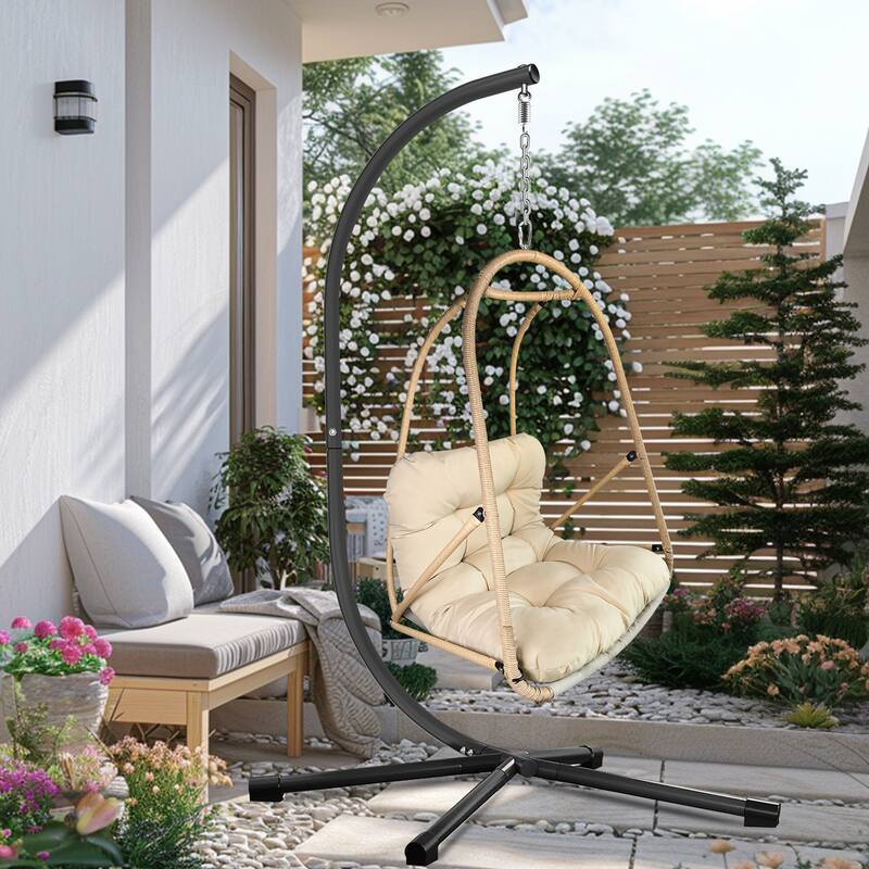 Rossetta Outdoor Wicker Rattan Patio Basket Foldable Hanging Chair with C Type Bracket , Cushion and Pillow