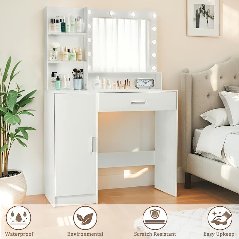 Vanity Desk with Mirror and Lights, Makeup Vanity with Drawer & Storage Cabinet, Adjustable Brightness, with Open Shelves