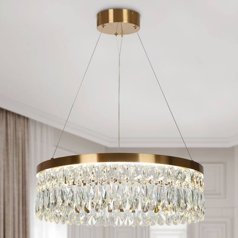 Modern Brass LED Crystal Drum Chandelier for Dining Living Room - Gold - 23.6" Dia. x 7.5" H