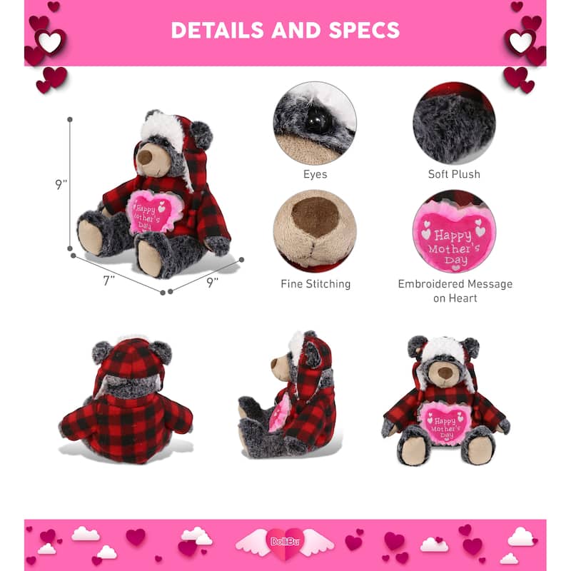 DolliBu Happy Mothers Day Super Soft Plush Red Plaid Outfit Black Bear - 9 inches
