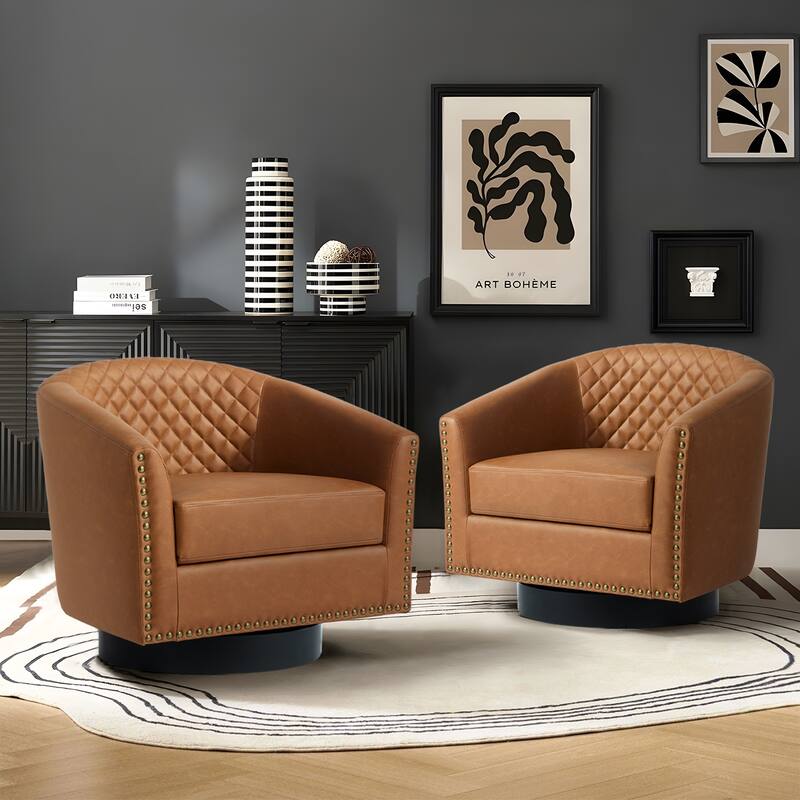 2 Set Modern Vegan Faux Leather Swivel Barrel Accent Chair