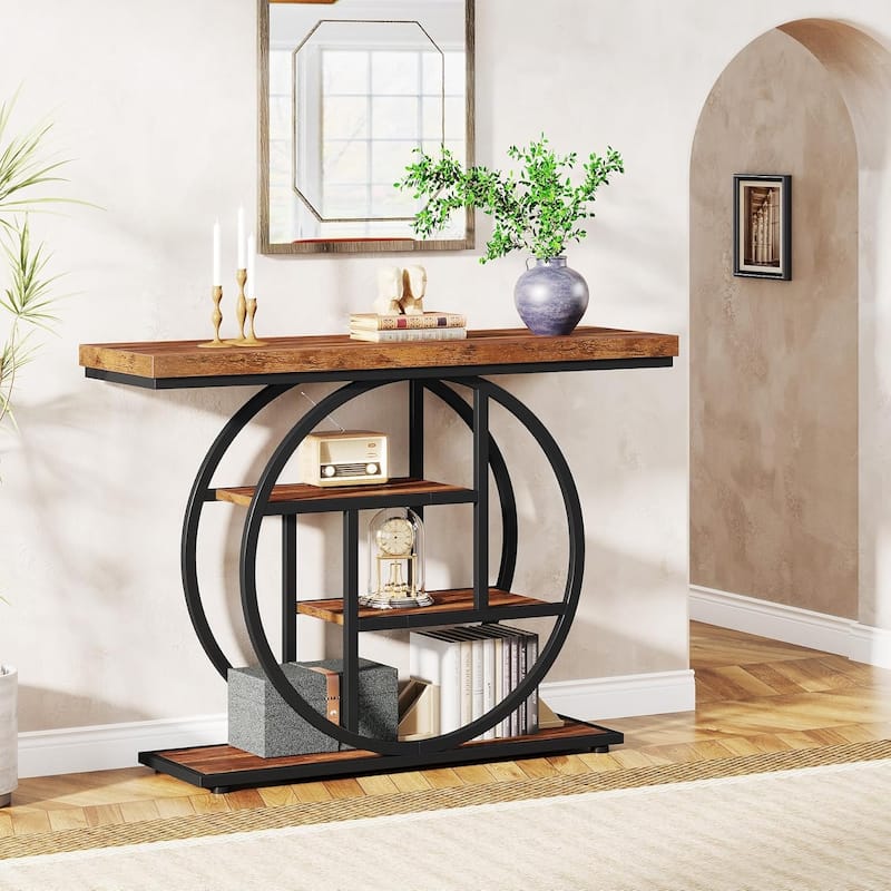 41.3" Console Table, Industrial 4-Tier Entryway Table with Circle Base - 41.3" W x 11.8" D x 31.5" H