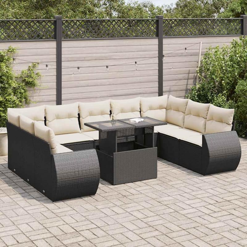 vidaXL Patio Sofa Set with Cushions Outdoor Furniture 10 Piece Poly Rattan - 21.7 x 39.4 x 28.7 - Black and Cream-with storage